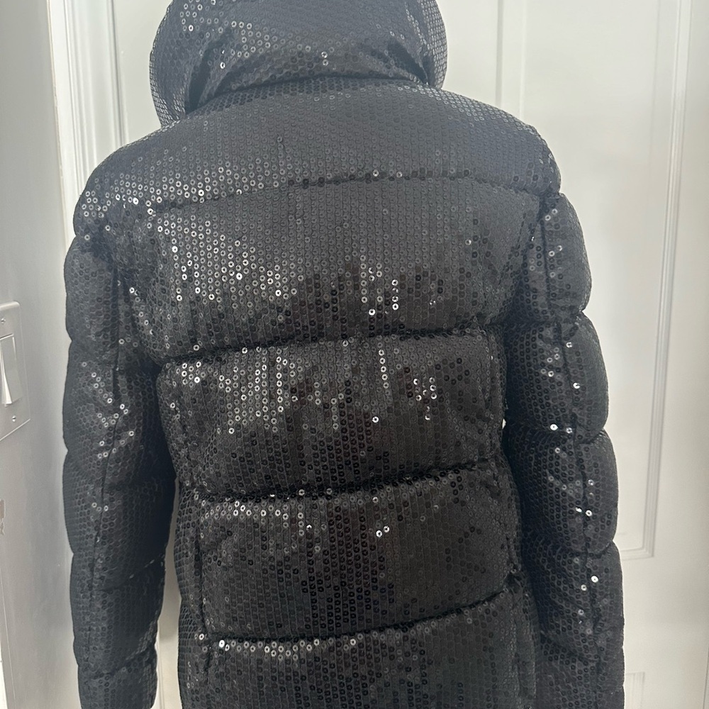NWT Unreal Fur Black Sequin Puffer Jacket Front Zip High Collar Sz XS - Picture 4 of 16